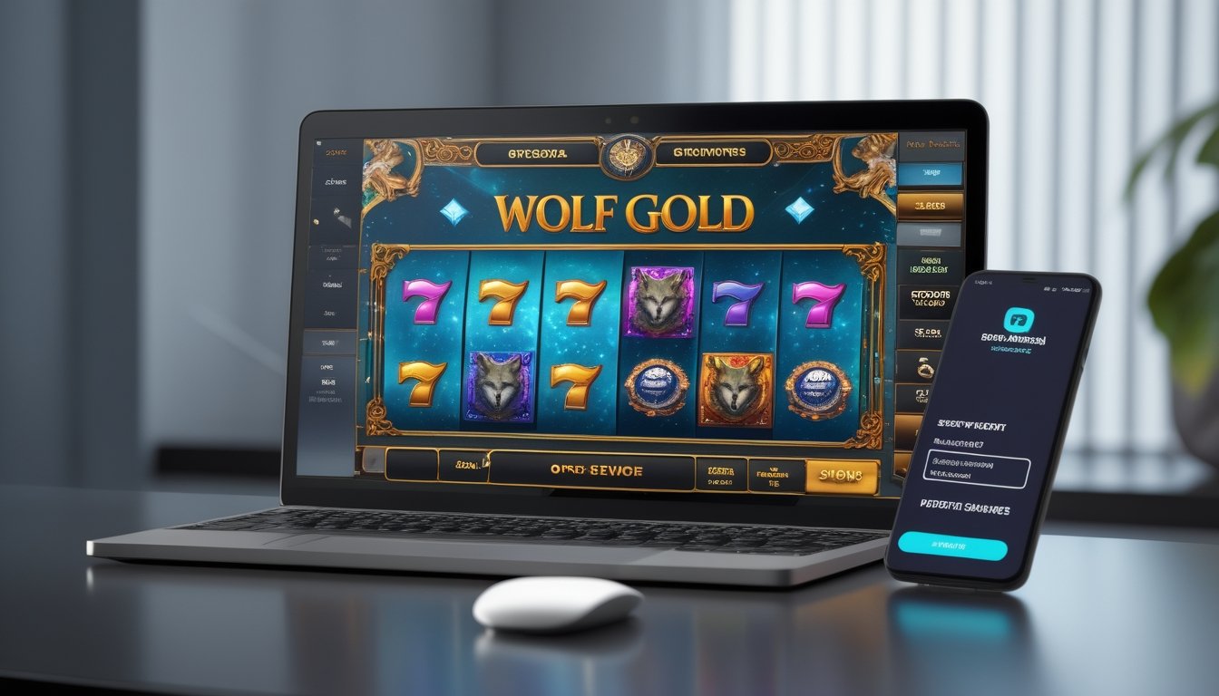 Seorang pengguna di depan komputer dan ponsel yang menampilkan permainan slot Wolf Gold dan proses deposit pulsa tanpa potongan.