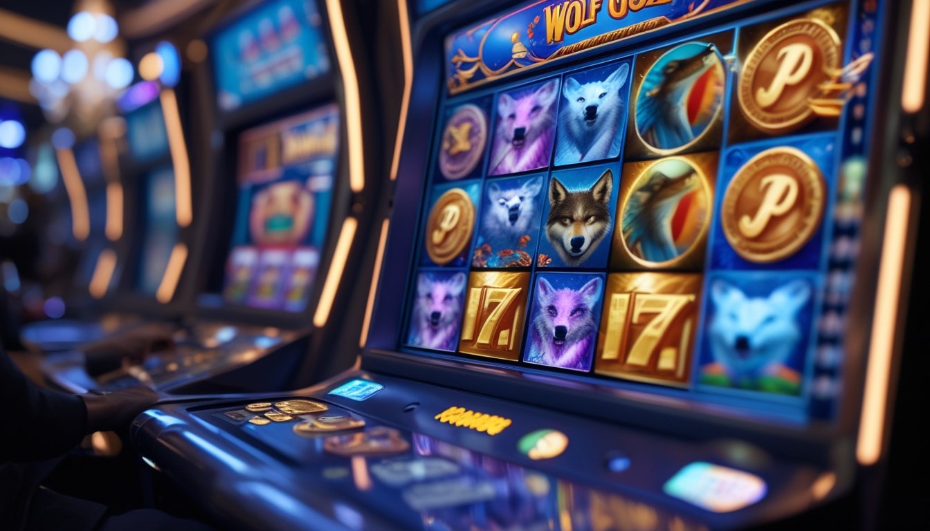 Layar mesin slot digital menampilkan simbol serigala, koin emas, dan pemandangan gurun di dalam kasino yang ramai.