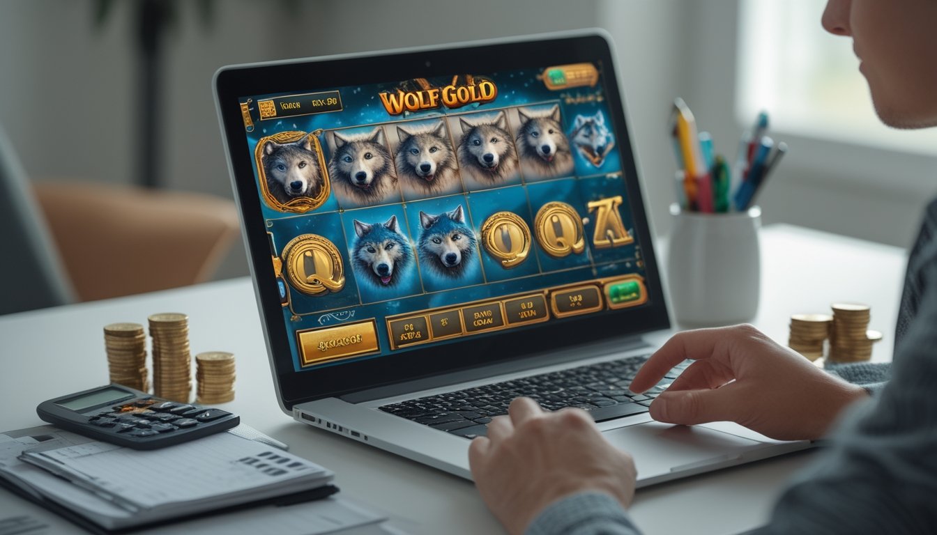Seorang individu sedang duduk di meja dengan laptop yang menampilkan permainan slot online bertema Wolf Gold, sambil mengatur uang dan mencatat keuangan.