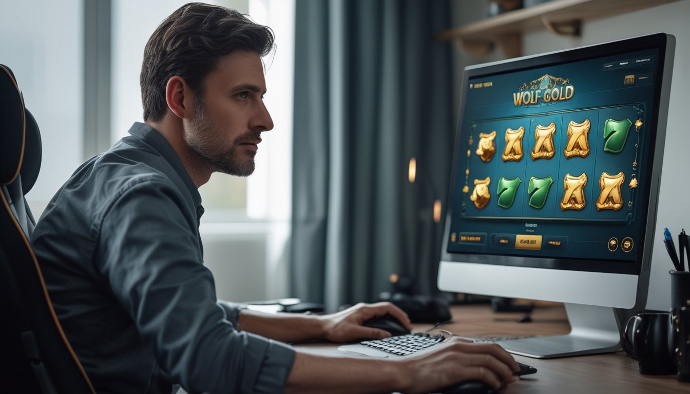 Seorang pria dewasa duduk di depan komputer bermain permainan slot Wolf Gold dengan ekspresi fokus dan meja yang rapi.