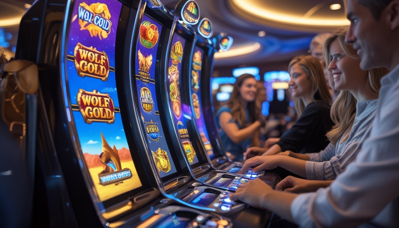 Seorang pemain sedang bermain mesin slot Wolf Gold di kasino dengan latar belakang pemain lain yang fokus dan antusias.