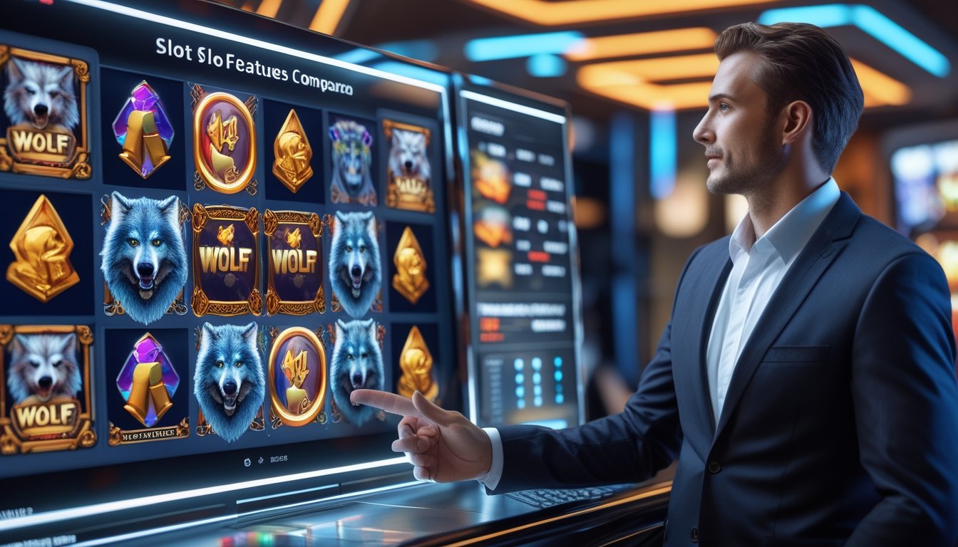 Seorang profesional sedang menganalisis fitur permainan slot di layar digital dengan beberapa tampilan permainan slot yang berbeda di latar belakang.
