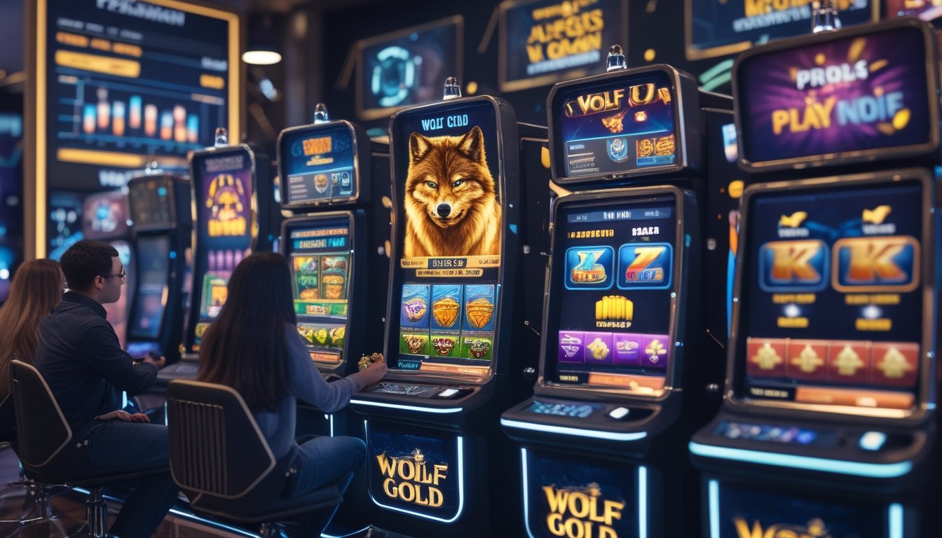 Beberapa mesin slot modern dengan tema permainan berbeda, menampilkan permainan Wolf Gold di tengah, di dalam ruangan kasino yang terang dan futuristik dengan orang-orang yang sedang memperhatikan dan menggunakan mesin tersebut.