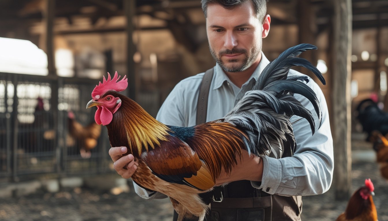 Seorang pria memegang dan memeriksa ayam petarung di lingkungan peternakan tradisional.