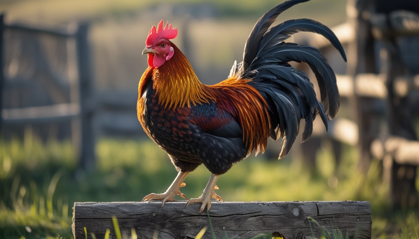 Seekor ayam petarung berdiri di atas tiang kayu dengan latar belakang peternakan.