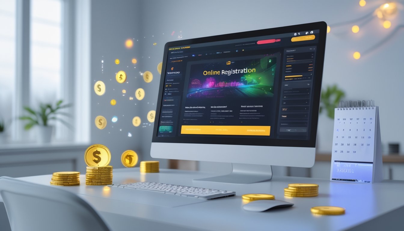 Seseorang menggunakan komputer di meja dengan tampilan situs web permainan online dan simbol bonus di sekitarnya.