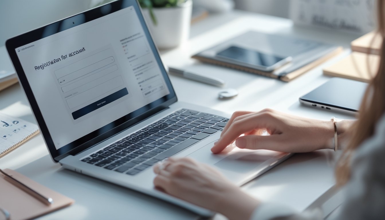 Meja kerja modern dengan laptop yang menampilkan formulir pendaftaran, dikelilingi alat tulis dan ponsel, dengan pencahayaan alami yang lembut.