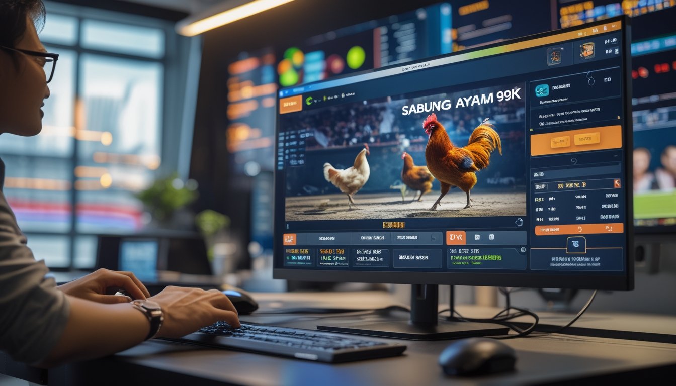 Seseorang menggunakan komputer dengan tampilan live streaming pertandingan sabung ayam di layar.