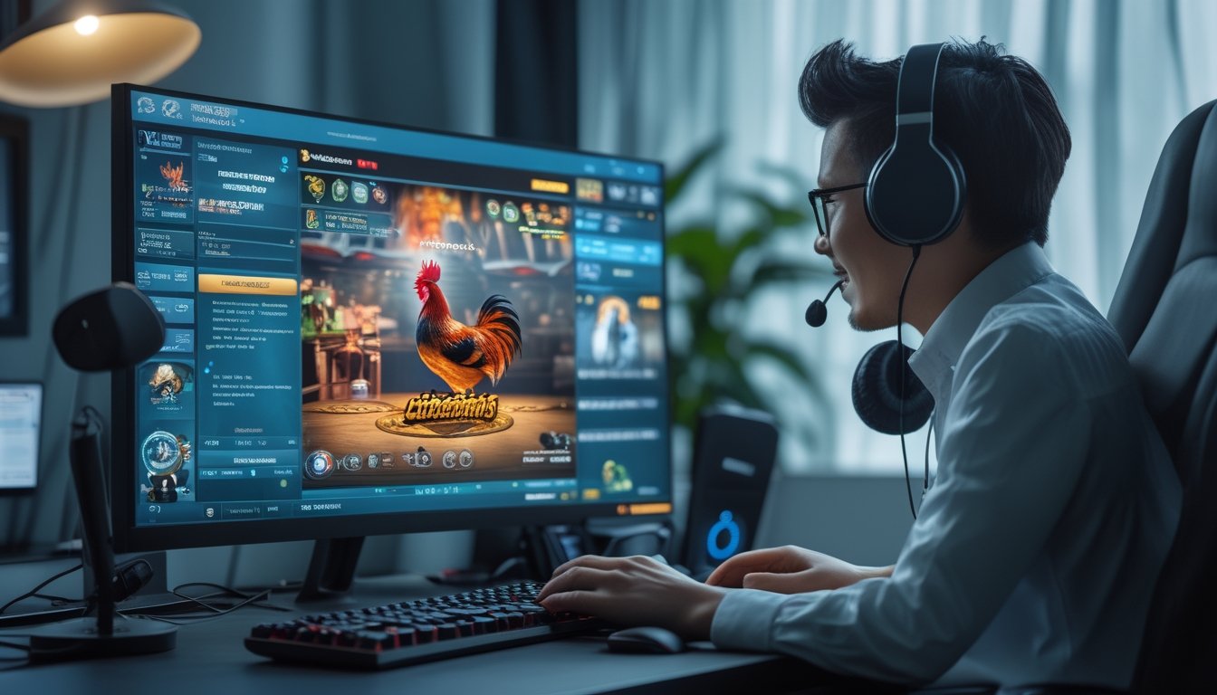 Seseorang sedang fokus bermain game sabung ayam dengan layar komputer besar yang menampilkan siaran langsung berkualitas tinggi.