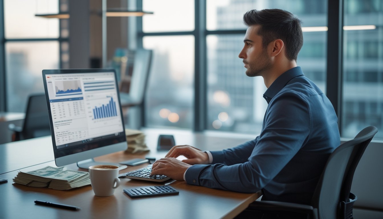 Seorang pria duduk di meja kantor modern sambil menganalisis data keuangan dengan laptop dan alat tulis, menunjukkan pengelolaan modal taruhan.