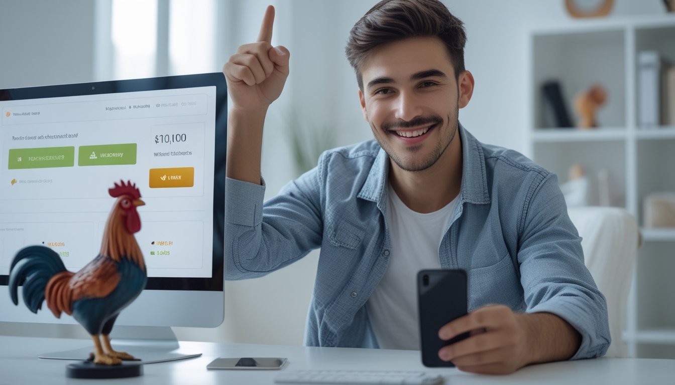Seorang pria muda tersenyum sambil duduk di depan laptop dengan layar menampilkan konfirmasi penarikan kemenangan dari situs online, di ruangan kantor rumah yang terang.
