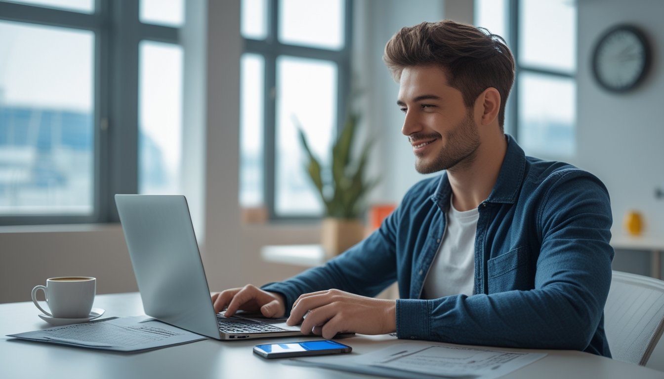 Seorang pria muda menggunakan laptop dan ponsel di meja kerja yang rapi dengan dokumen keuangan, menunjukkan proses penarikan dana yang efisien.