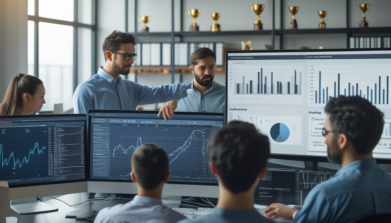 Sekelompok analis sedang bekerja dengan grafik dan data statistik pertandingan sabung ayam di ruang kantor modern.