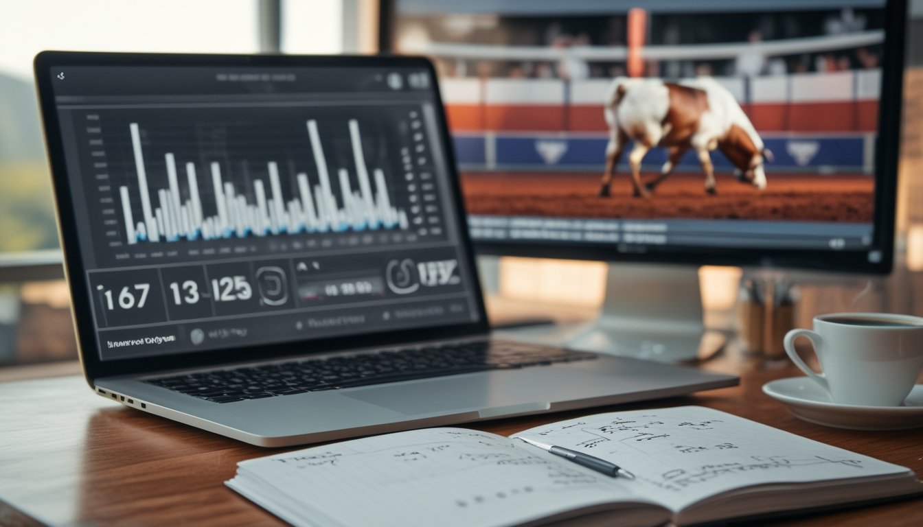Meja kerja dengan laptop yang menampilkan grafik dan data statistik, buku catatan, dan latar belakang arena sabung ayam yang samar.