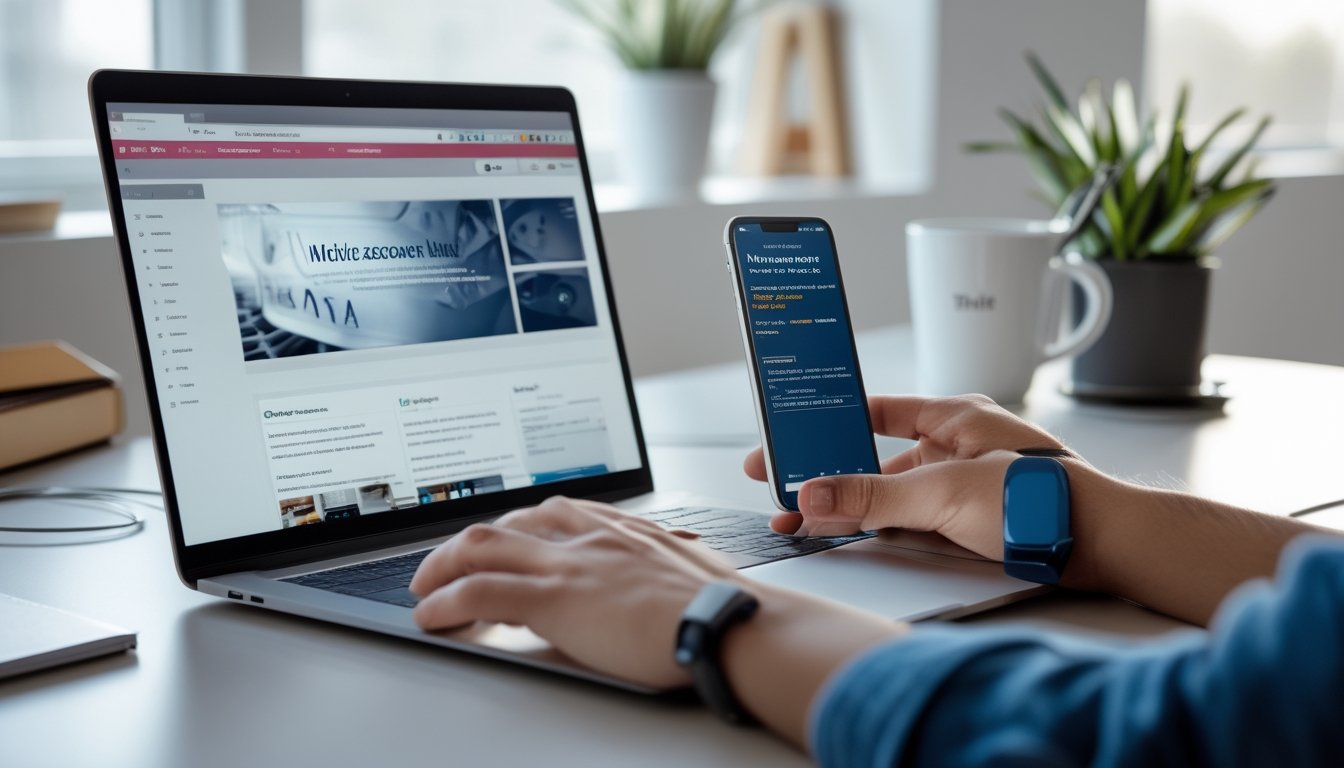 Meja kerja modern dengan laptop dan ponsel yang menunjukkan aktivitas akses internet.