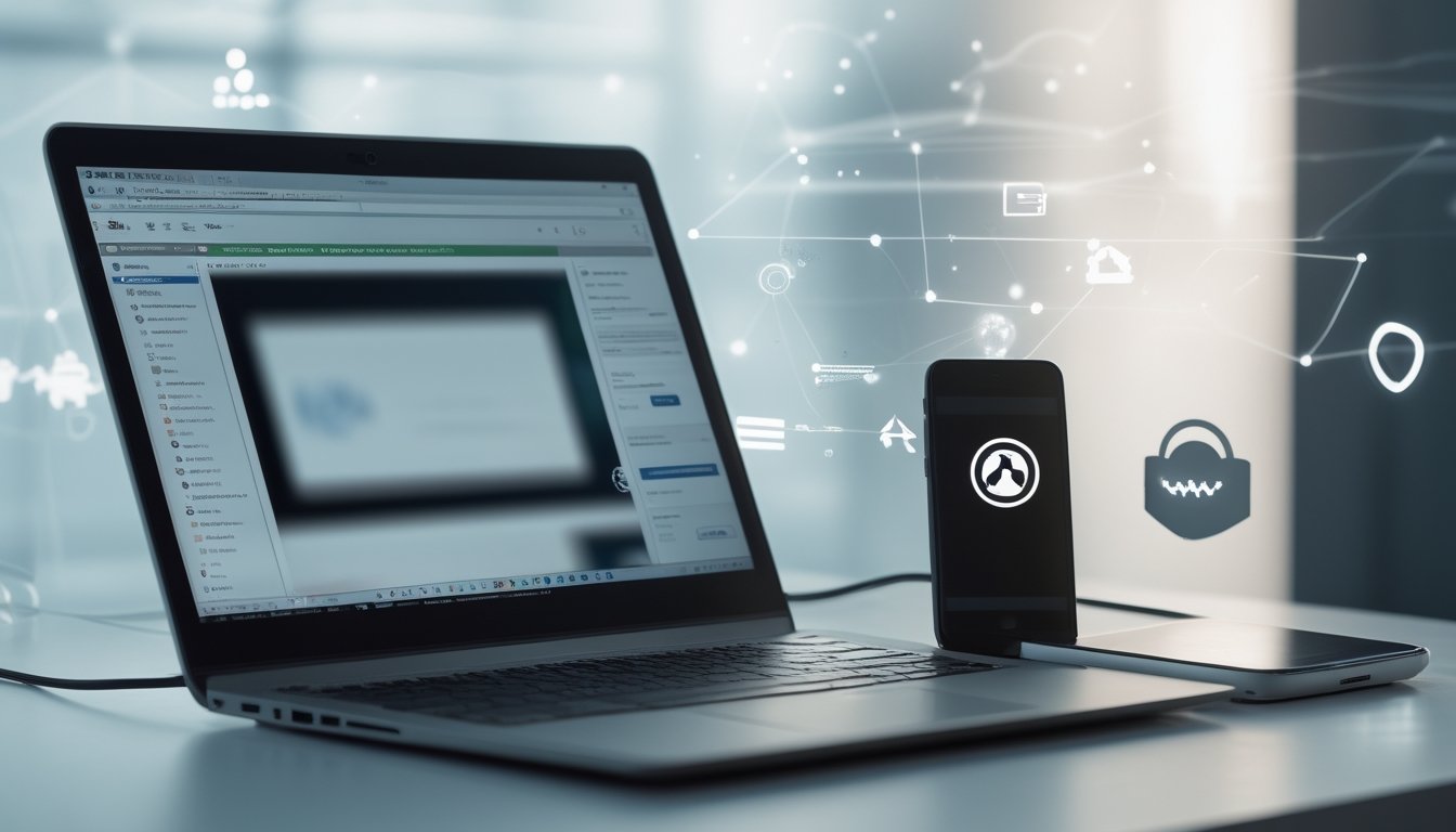Meja kerja modern dengan laptop dan ponsel yang menunjukkan koneksi internet aman.