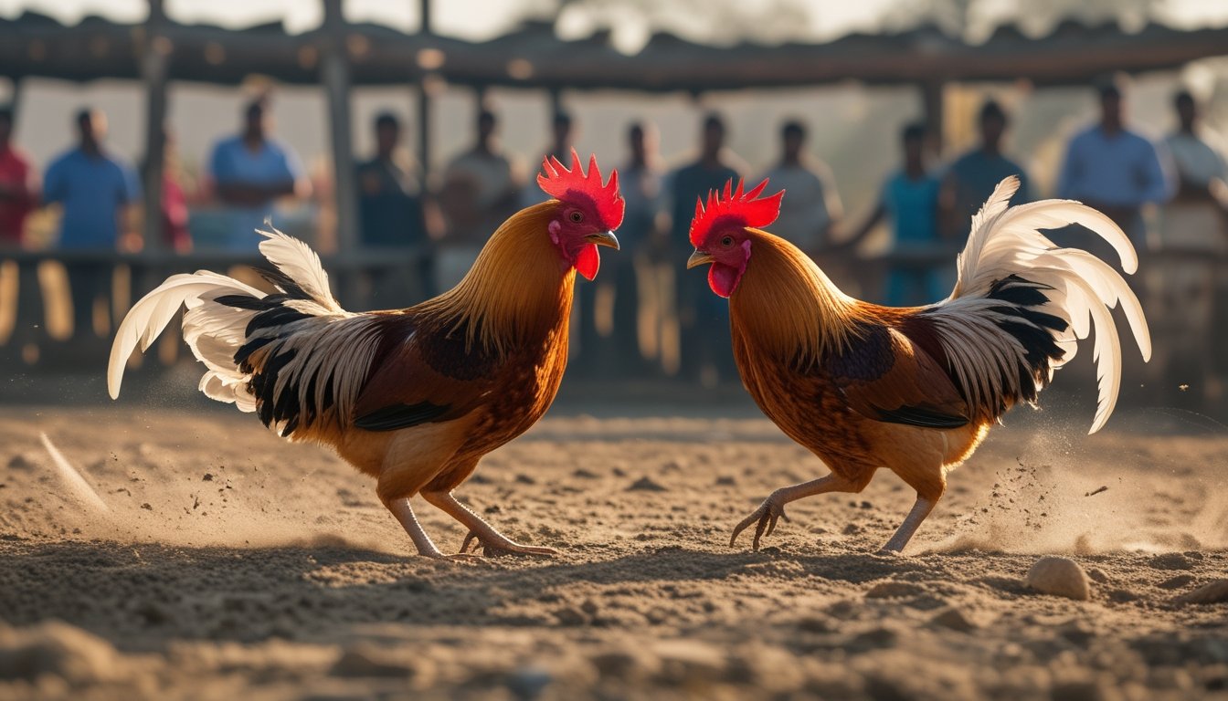 Dua ayam jago sedang bertarung di arena sabung ayam dengan penonton yang memperhatikan di latar belakang.