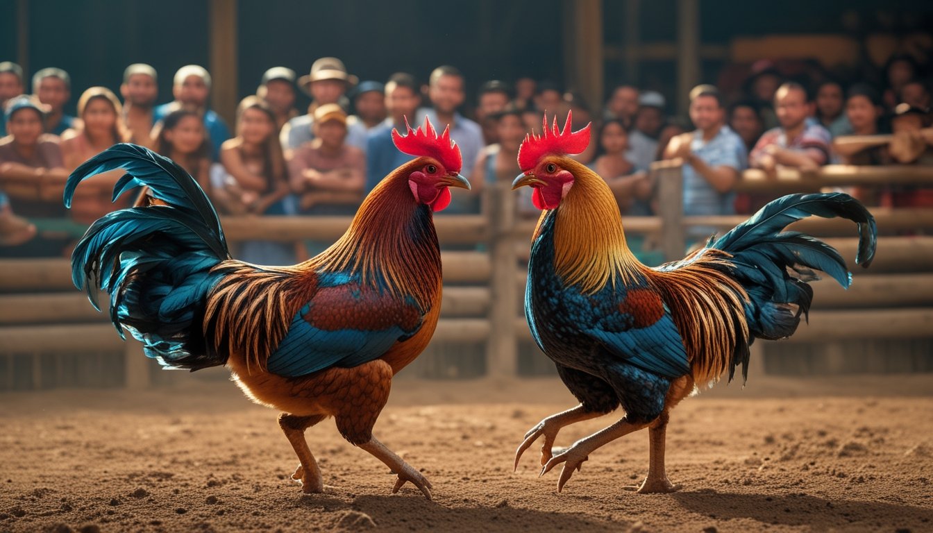 Dua ayam jago sedang bertarung di arena sabung ayam dengan penonton yang fokus menyaksikan di sekelilingnya.