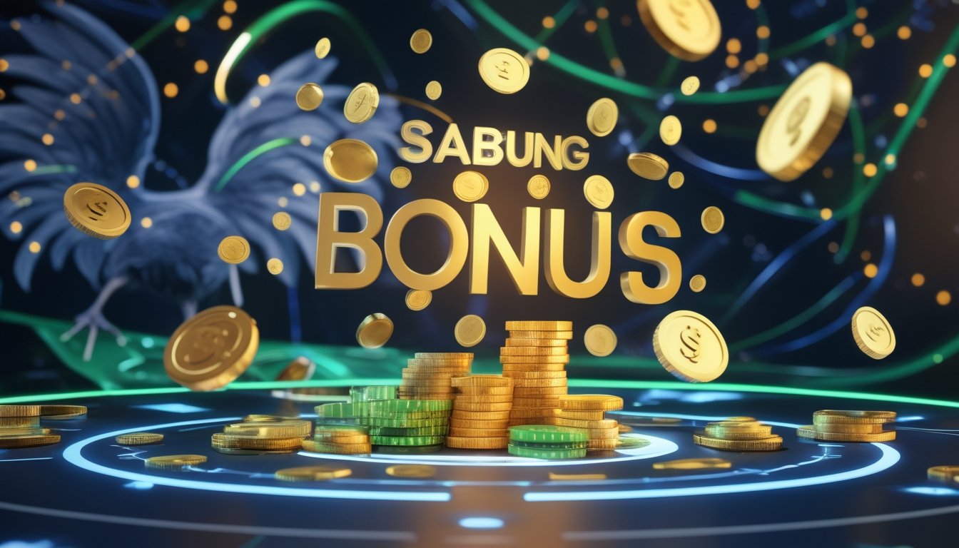 Antarmuka digital modern dengan elemen koin dan token yang berputar, menggambarkan bonus besar untuk anggota Sabung Ayam.