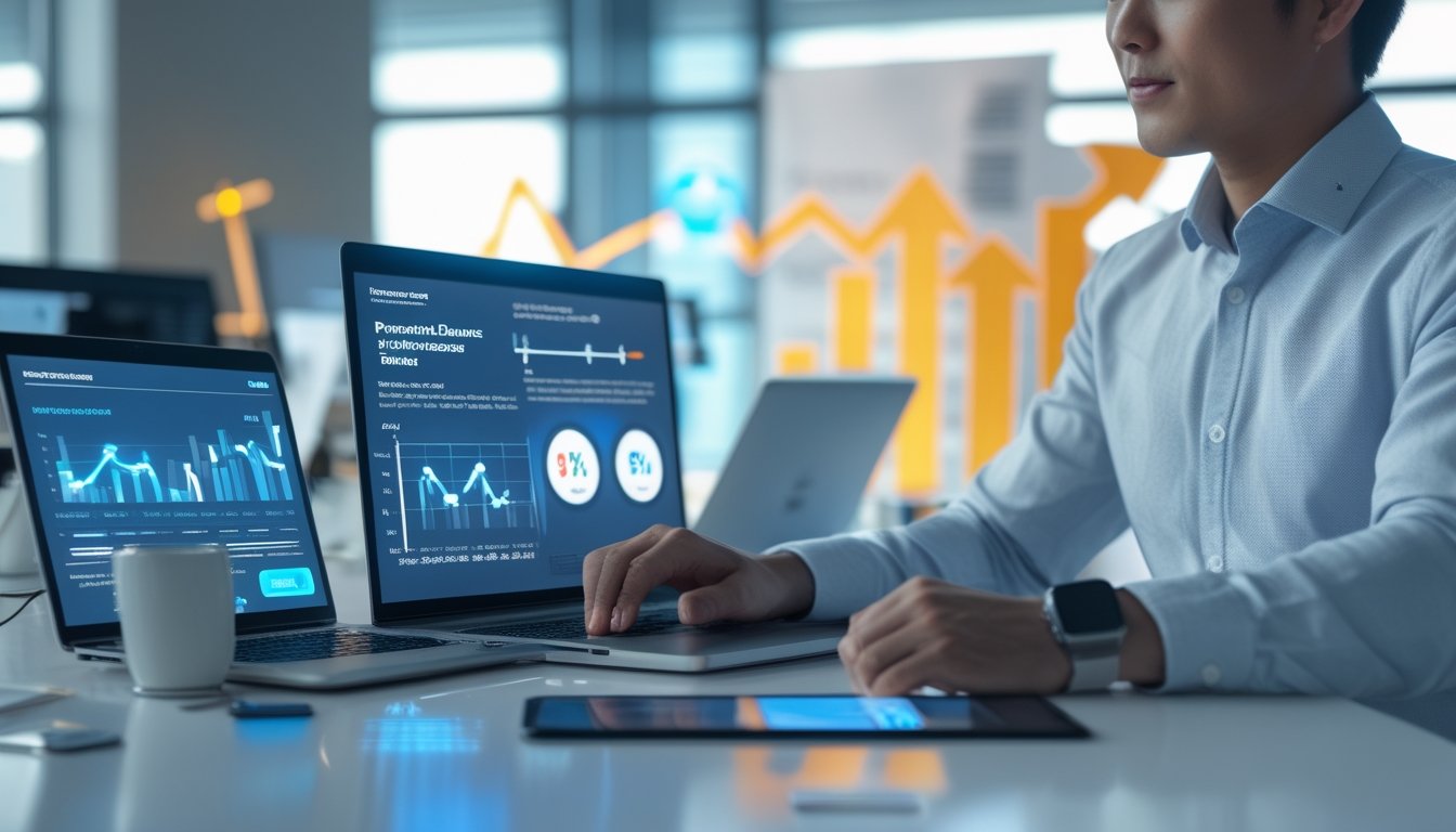 Seorang pria muda sedang bekerja dengan laptop dan ponsel di meja kantor yang terang dan modern, di latar belakang terdapat grafik dan simbol yang melambangkan pertumbuhan dan bonus.