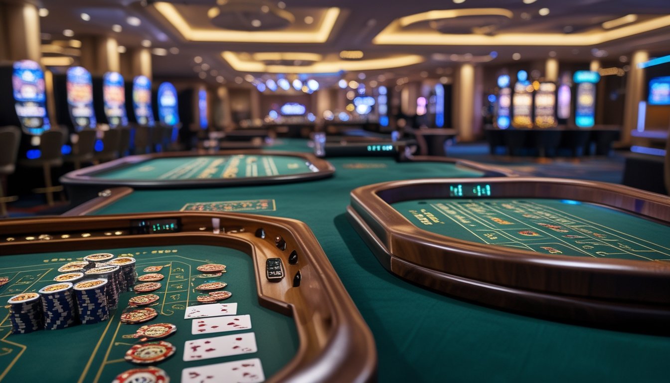 Meja permainan Baccarat klasik dan varian modern di kasino dengan kartu dan chip tertata rapi.