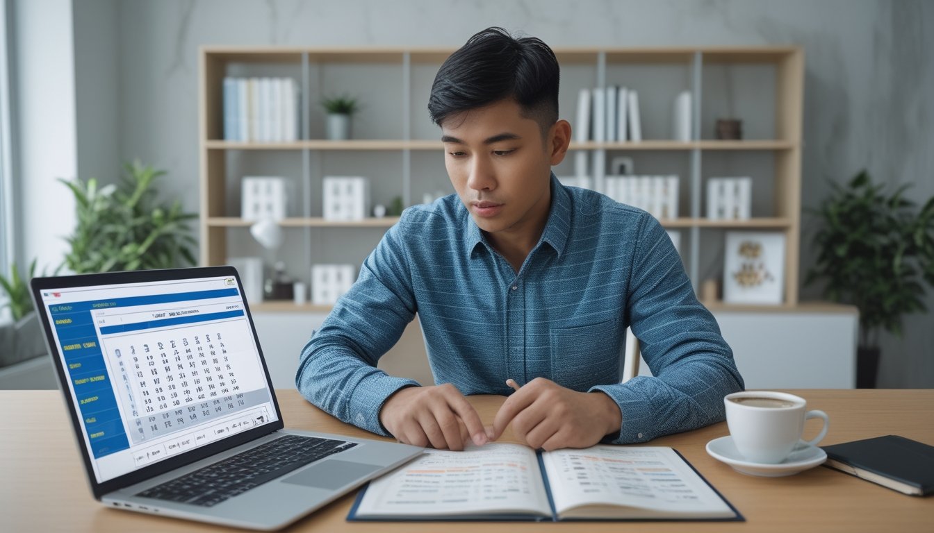 Seorang pria muda Indonesia duduk di meja kerja dengan laptop dan buku catatan, fokus belajar strategi togel 50-50.
