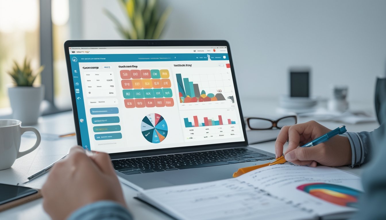 Meja kerja dengan laptop, tablet, dan buku catatan yang menunjukkan seseorang sedang belajar dan merencanakan strategi permainan togel 50-50.