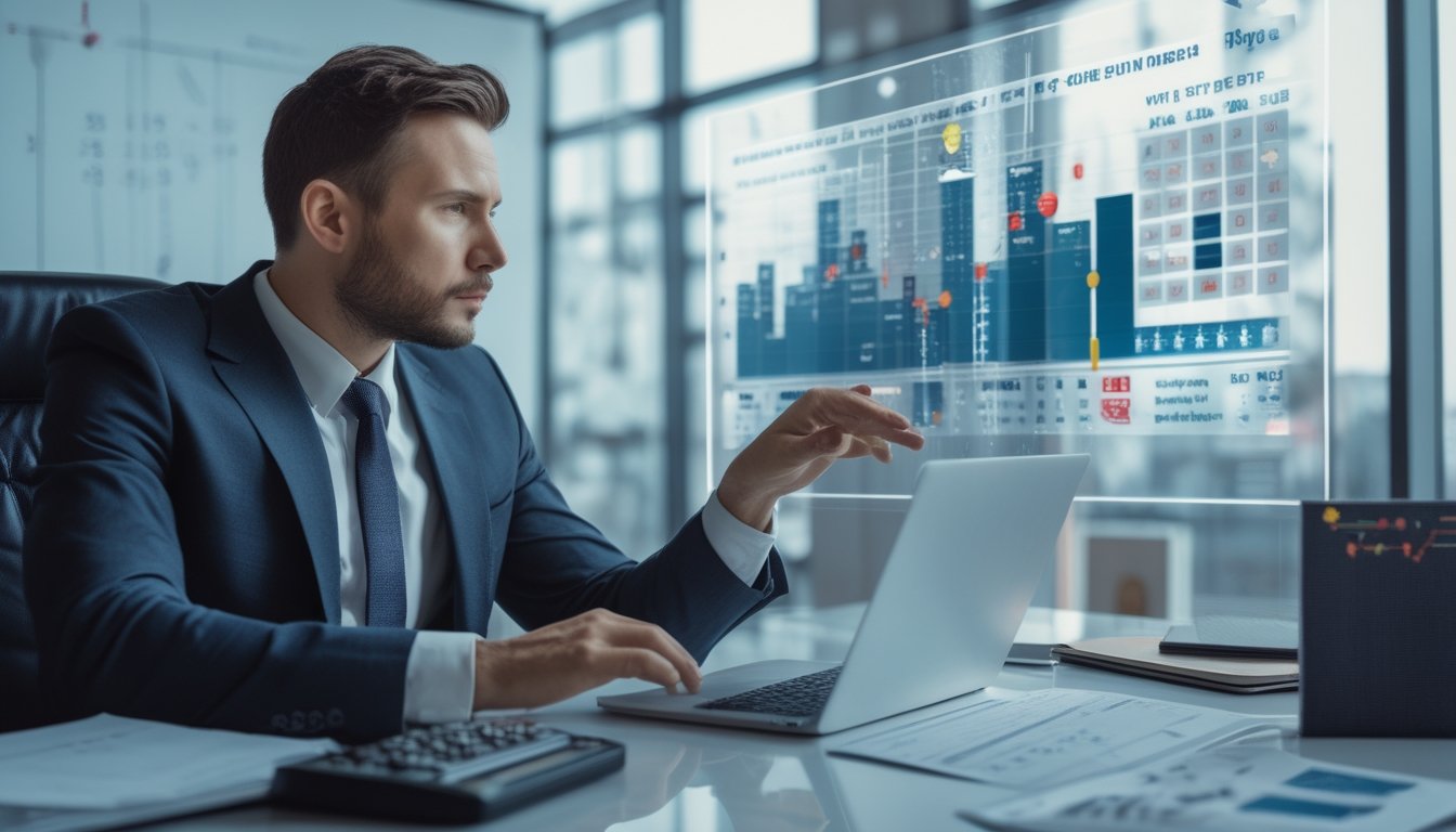 Seorang pria bisnis fokus menganalisis data di kantor modern dengan layar digital dan dokumen di meja.