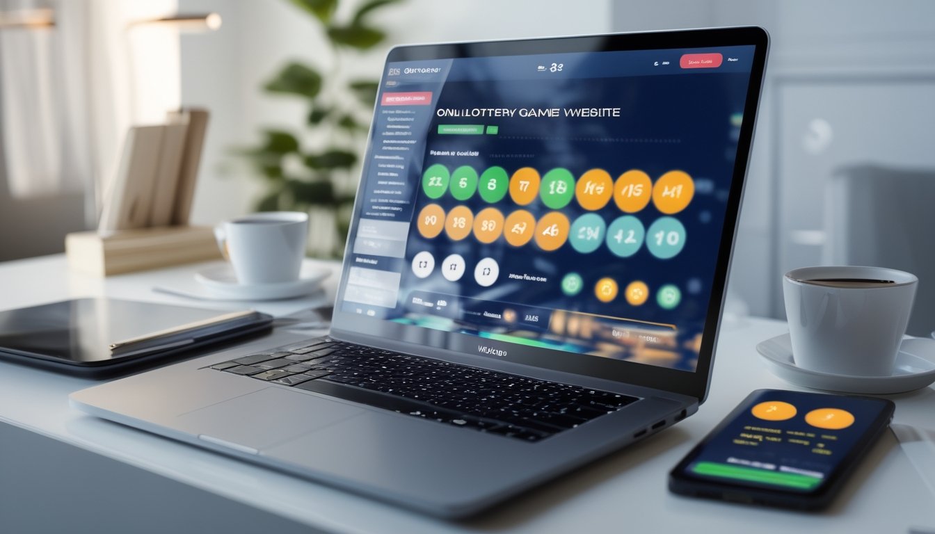 Seorang pria duduk di depan laptop dengan layar yang menampilkan antarmuka permainan togel, di sampingnya terdapat ponsel yang menunjukkan konfirmasi pembayaran cepat, di meja juga ada cangkir kopi dan suasana ruang kerja yang rapi.