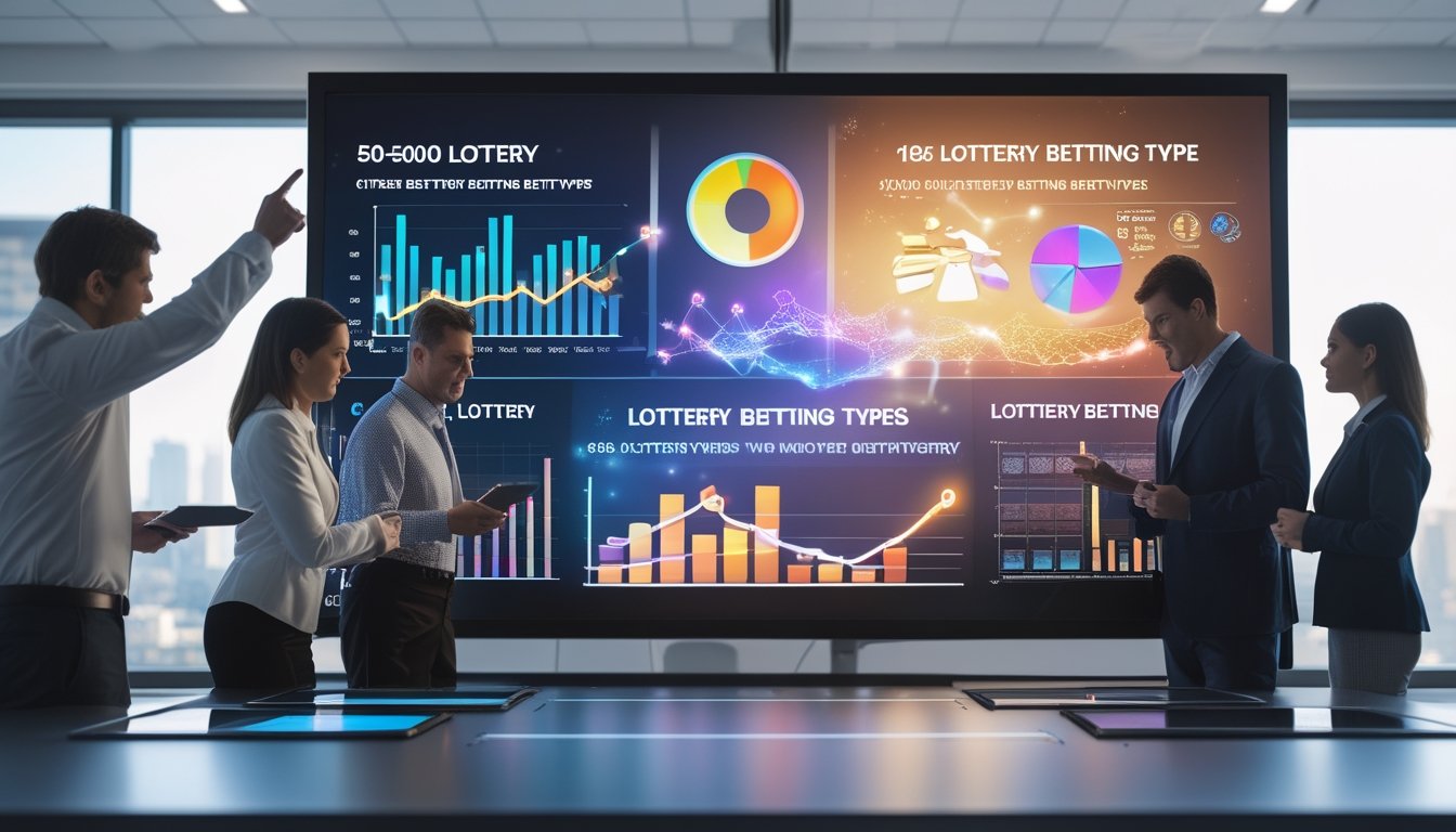 Sekelompok profesional sedang berdiskusi di kantor modern dengan layar digital besar yang menampilkan grafik perbandingan jenis taruhan togel tahun 2026.