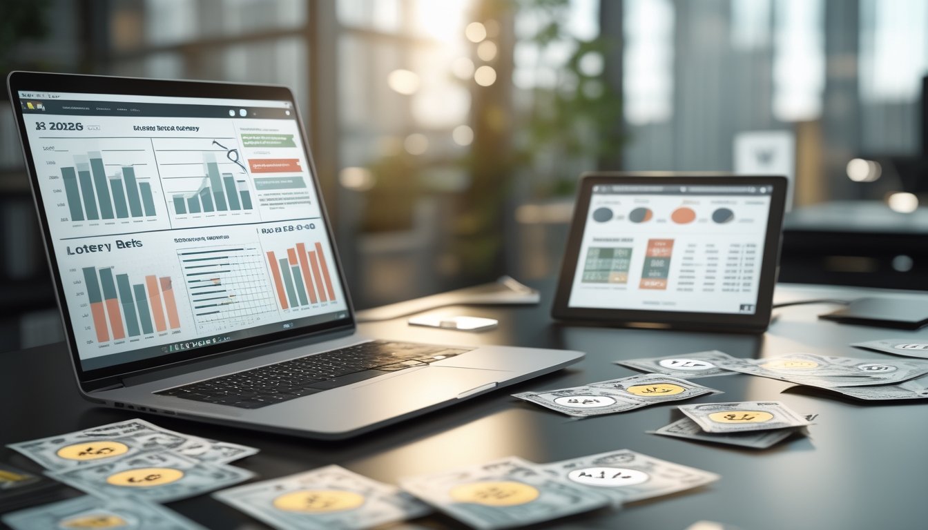 Meja kerja modern dengan laptop, tiket togel, dan tablet yang menampilkan data perbandingan taruhan togel 50-50 dan jenis taruhan togel lainnya.