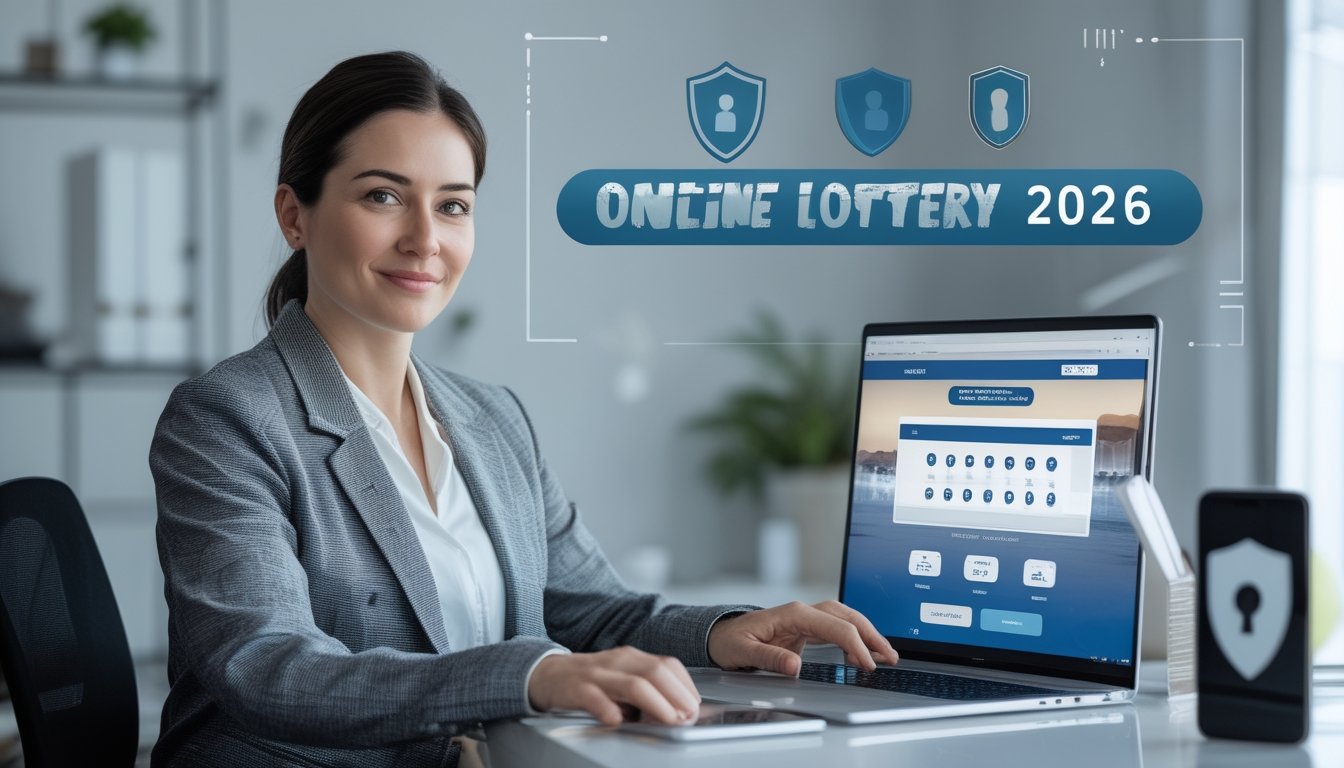 Seorang dewasa duduk di meja dengan laptop dan ponsel, menampilkan situs togel online yang aman dan terpercaya di lingkungan kantor rumah yang modern.