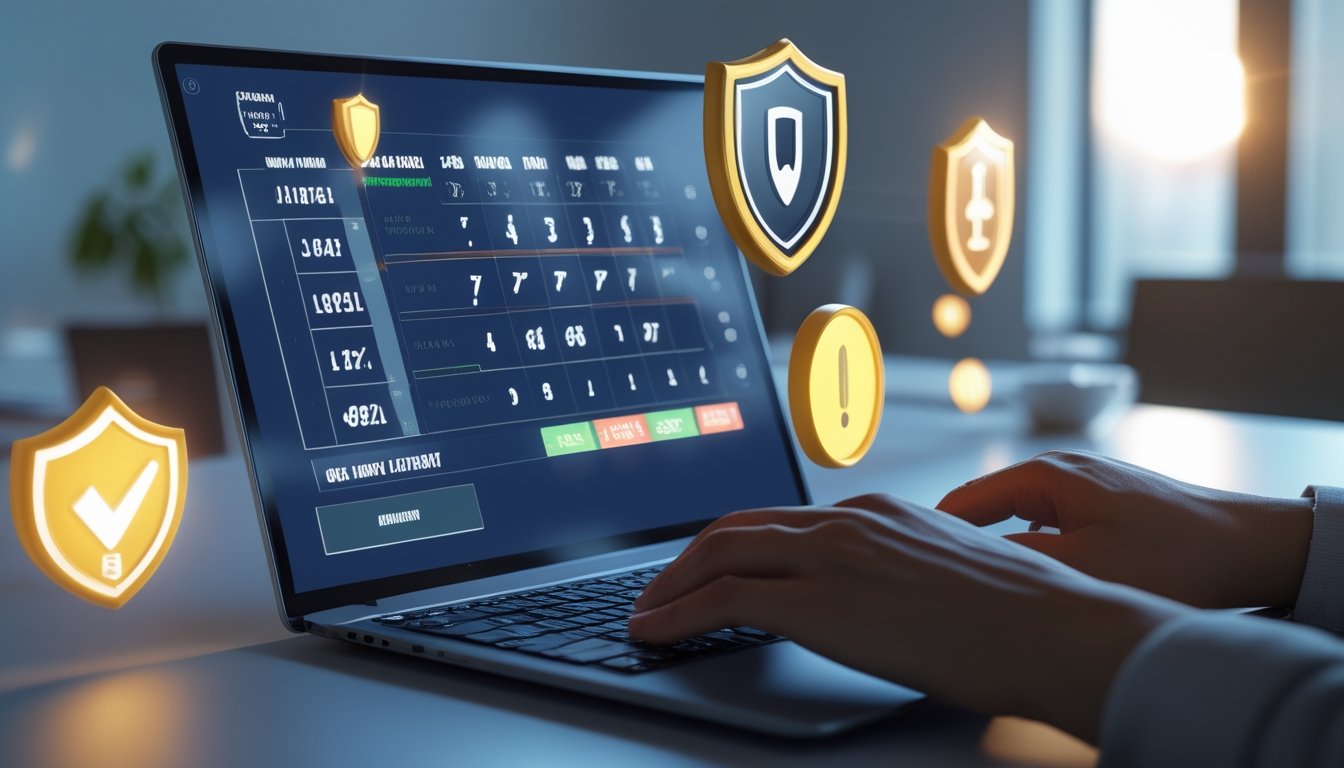 Seseorang menggunakan laptop dengan tampilan antarmuka lotere digital, dikelilingi simbol keamanan seperti gembok dan tanda centang.