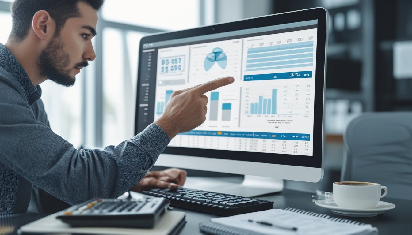 Seseorang sedang menganalisis data statistik di depan komputer di ruang kantor modern.