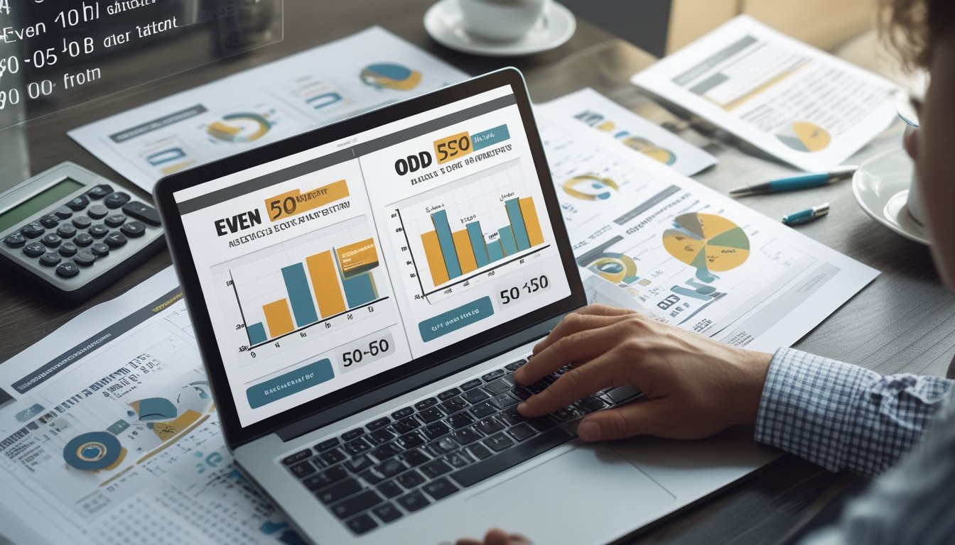Seorang analis sedang bekerja dengan laptop yang menampilkan grafik dan angka statistik terkait pola angka genap dan ganjil dalam sistem togel 50-50 di sebuah meja kerja.