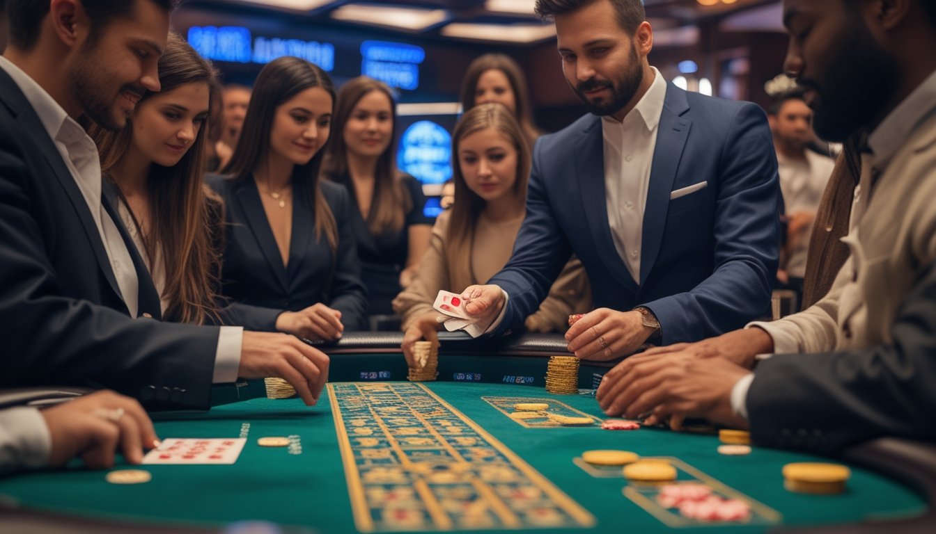 Beberapa orang sedang bermain baccarat squeeze di meja kasino dengan suasana elegan dan pencahayaan hangat.