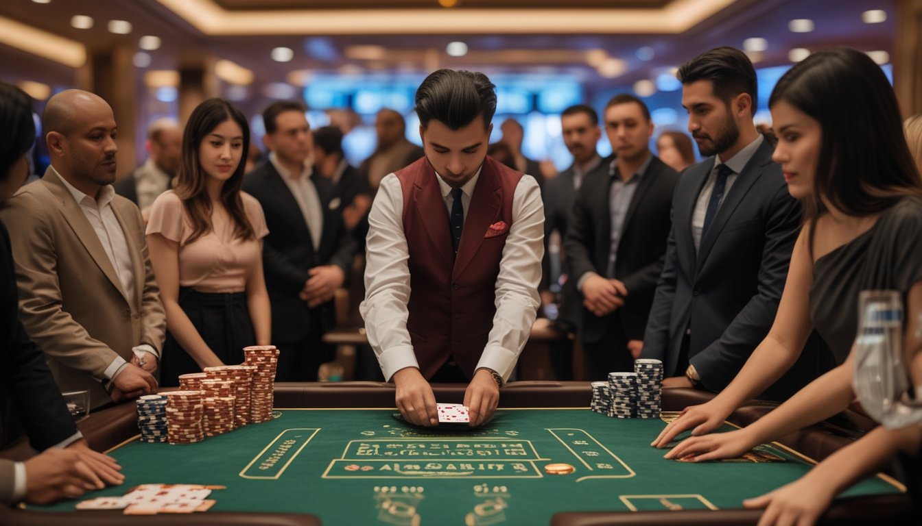 Seorang dealer di meja kasino sedang melakukan teknik squeeze pada kartu Baccarat dengan beberapa pemain yang memperhatikan.