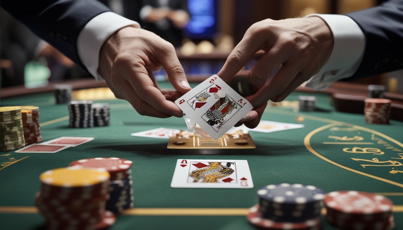 Tangan pemain sedang melakukan teknik membaca kartu di meja baccarat dengan suasana kasino yang mewah.