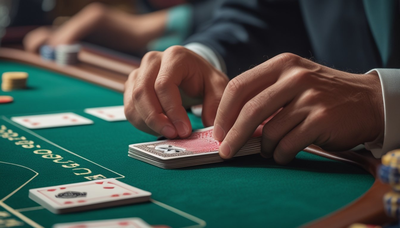 Tangan seorang pemain sedang membuka kartu secara perlahan di meja baccarat dengan latar belakang kasino.