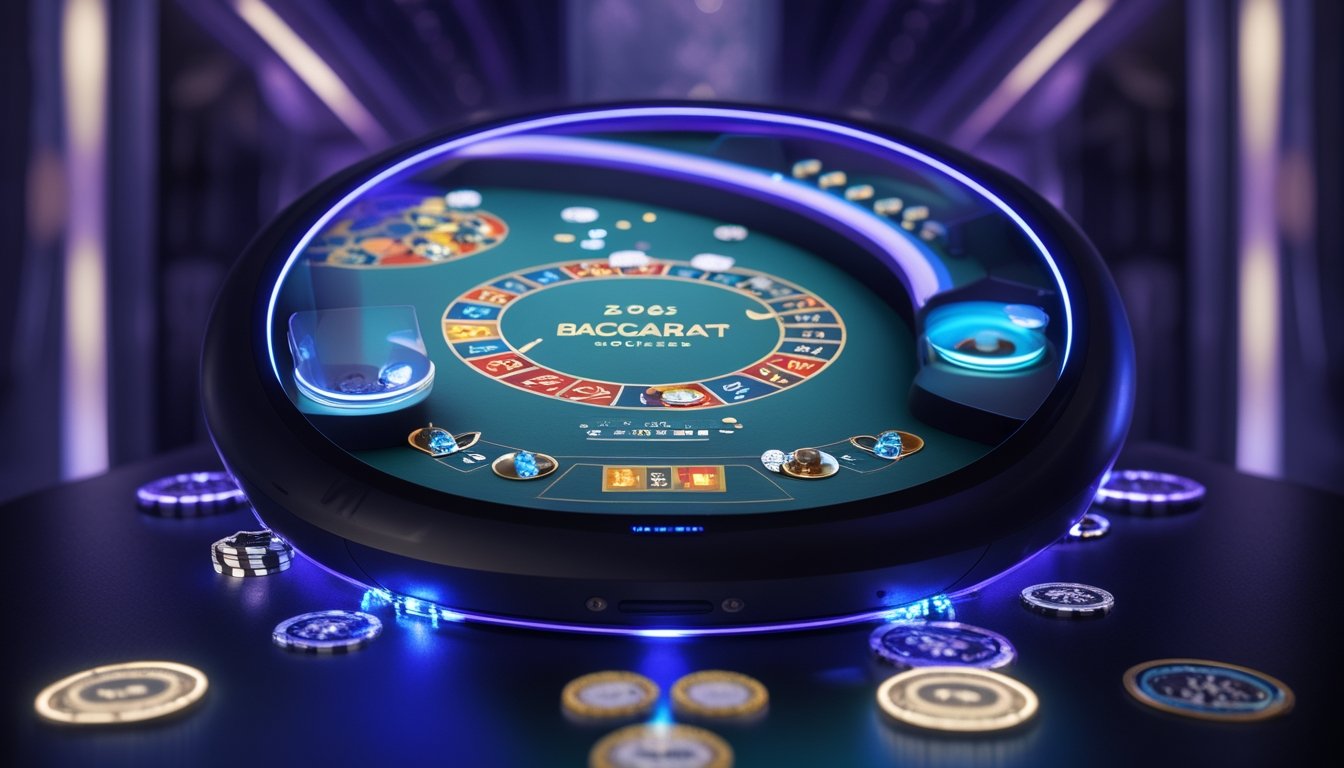 Sebuah layar komputer menampilkan permainan baccarat online dengan kartu yang sedang ditekan dalam suasana kasino modern.