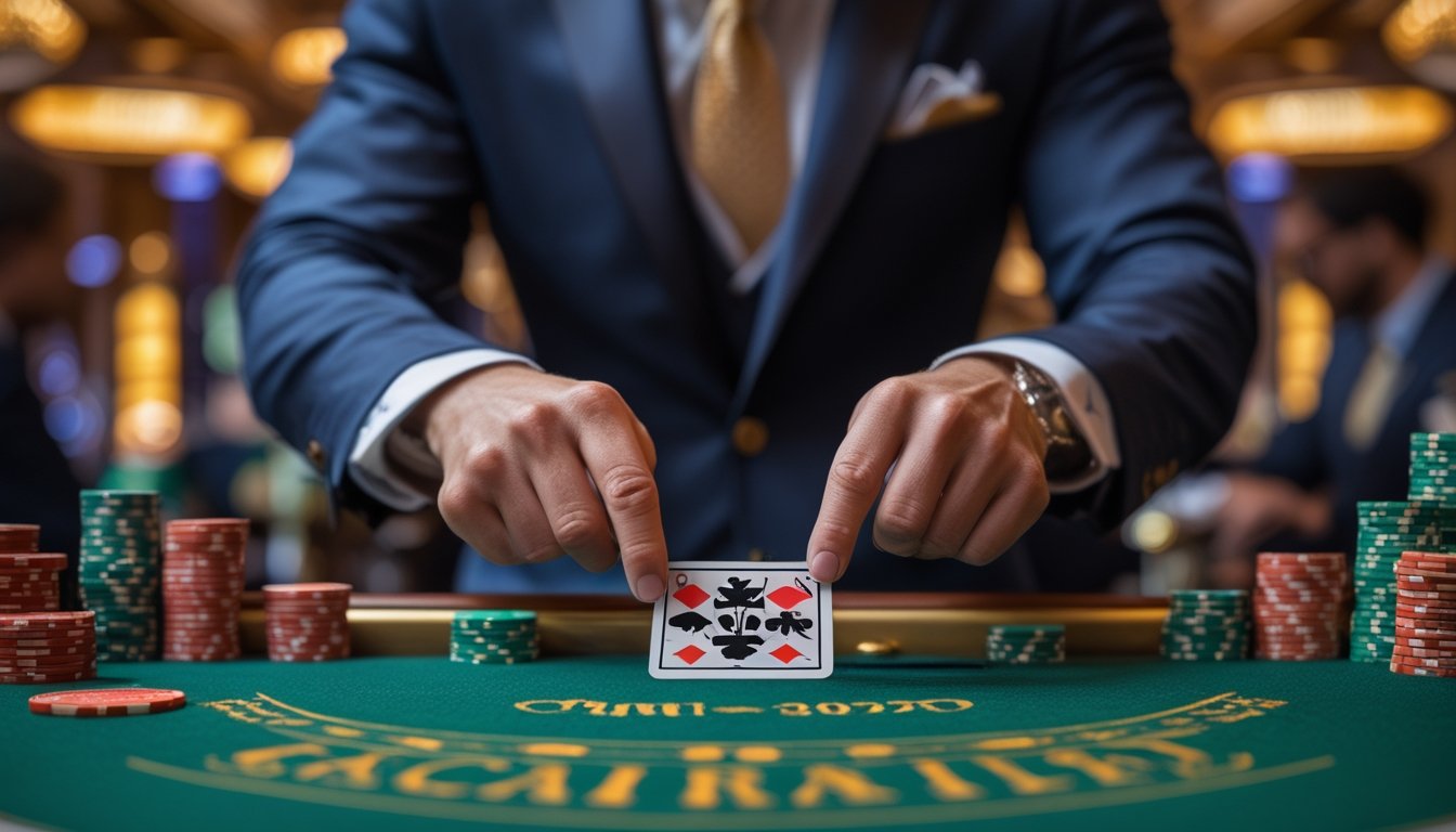 Seorang pemain di kasino sedang membuka kartu baccarat dengan penuh konsentrasi di meja permainan yang mewah.