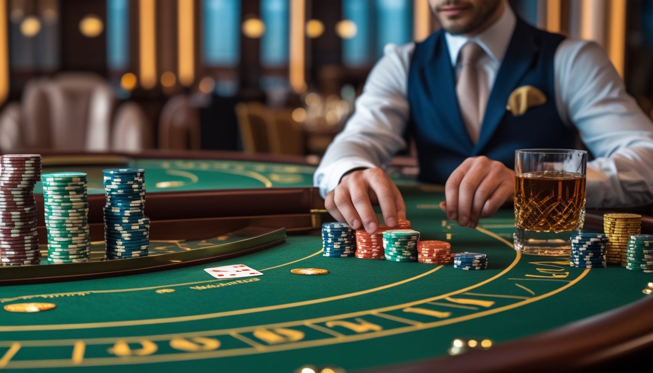 Seorang pemain berpakaian rapi sedang bermain baccarat di meja kasino dengan kartu dan tumpukan chip, fokus mengelola modal permainan.