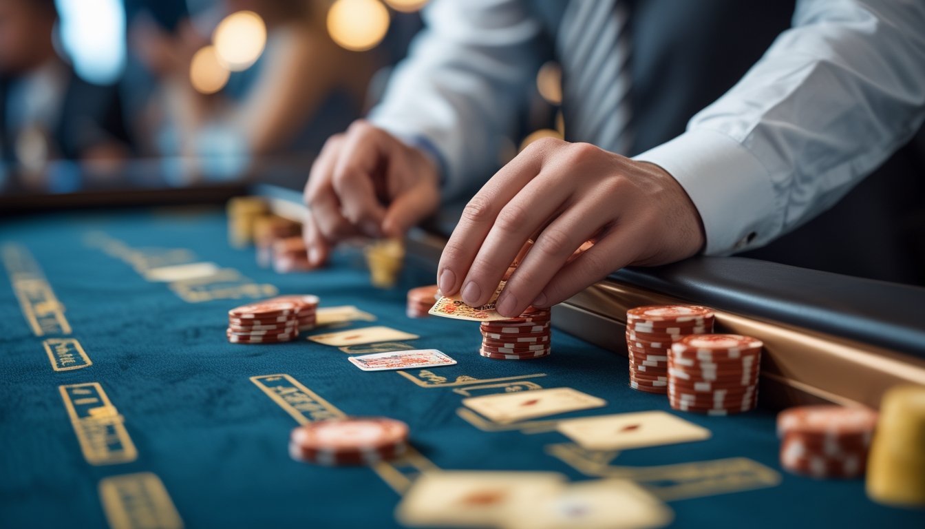 Tangan seseorang sedang mengelola chip dan kartu di meja baccarat di dalam kasino.