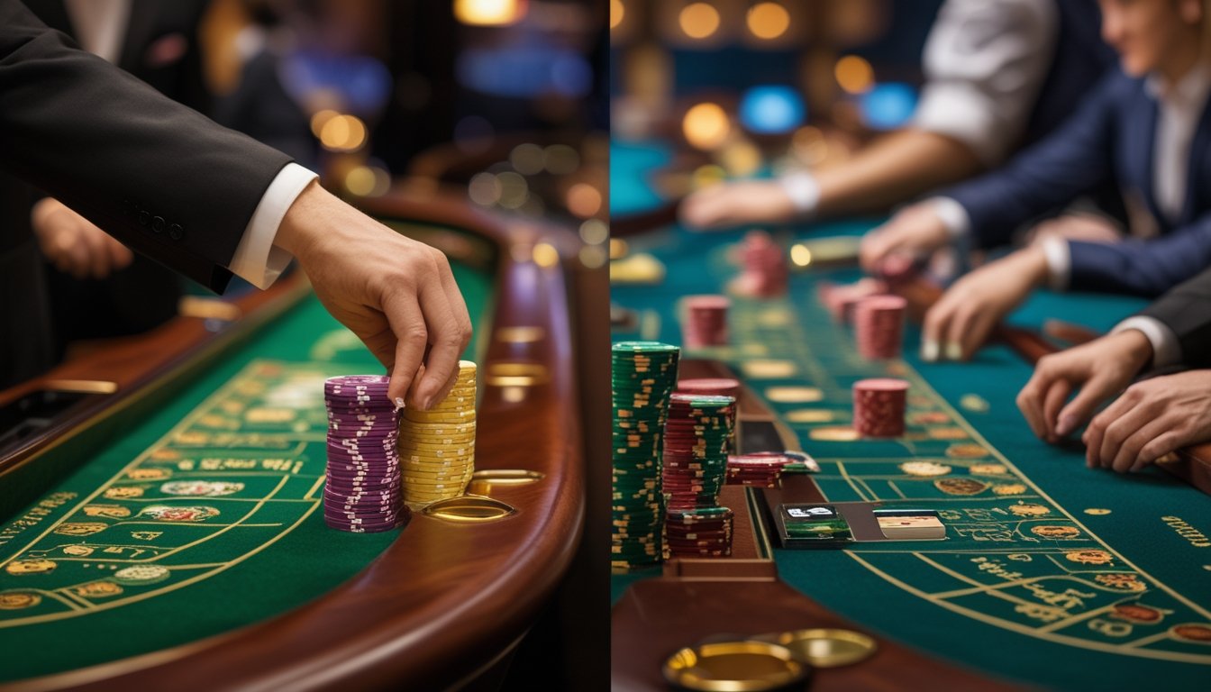 Dua meja baccarat di kasino, satu dengan dealer membuka kartu perlahan dan satu lagi dengan pemain yang memperhatikan kartu secara tradisional.