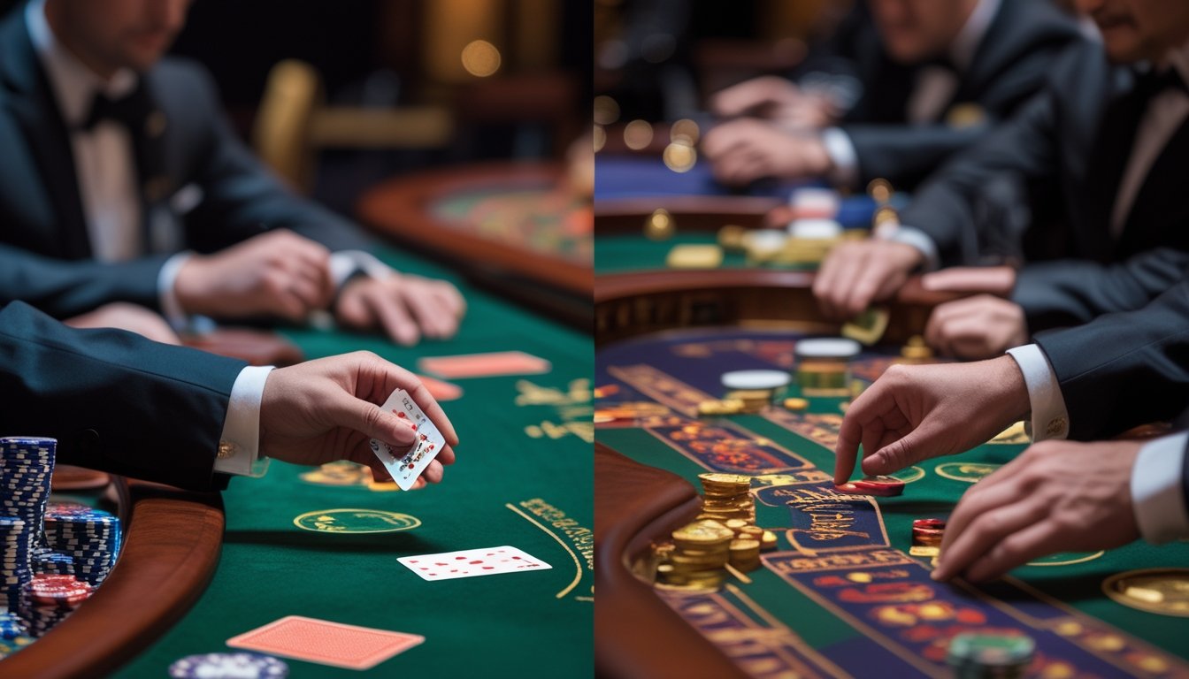 Pemandangan meja baccarat di kasino dengan pemain yang sedang membuka kartu secara perlahan dan suasana permainan baccarat klasik di sekitarnya.