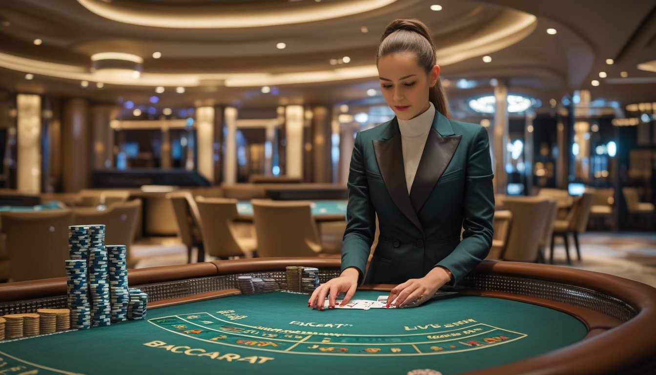 Seorang dealer wanita profesional sedang membagikan kartu di meja baccarat di dalam kasino yang mewah dan terang.
