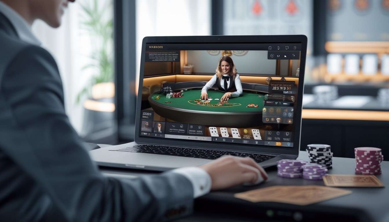 Seorang dealer baccarat sedang membagikan kartu di depan layar komputer dengan suasana kasino yang elegan.