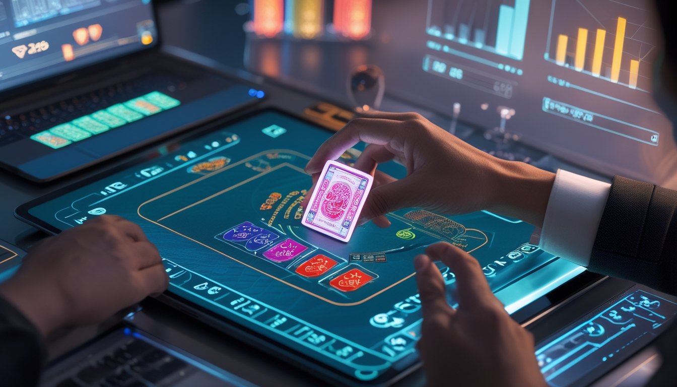 Seorang pemain sedang fokus menganalisis permainan baccarat online dengan layar komputer menampilkan kartu dan grafik peluang kemenangan.