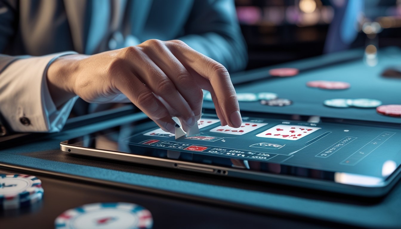 Seorang pemain sedang bermain baccarat online dengan kartu yang sedang disentuh di layar perangkat digital di lingkungan yang elegan dan berfokus.