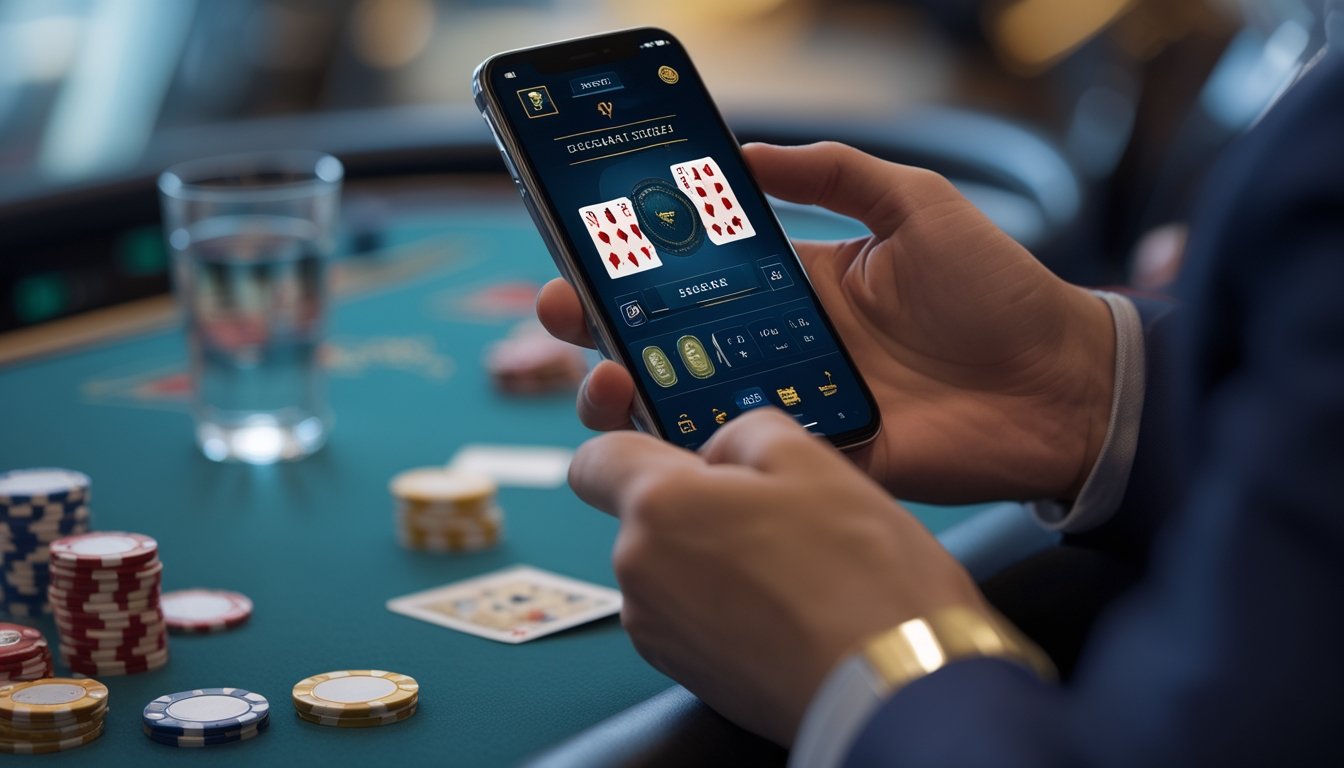 Seseorang sedang bermain baccarat squeeze di ponsel dengan latar belakang kasino yang samar.